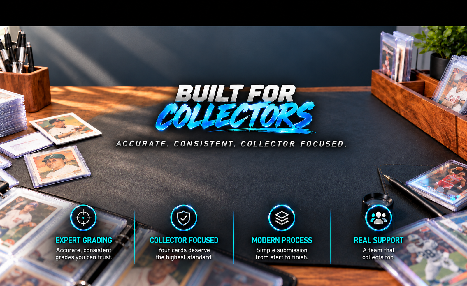 Action Sports Grading — Built for Collectors, with sports cards on a naturally lit collector's desk