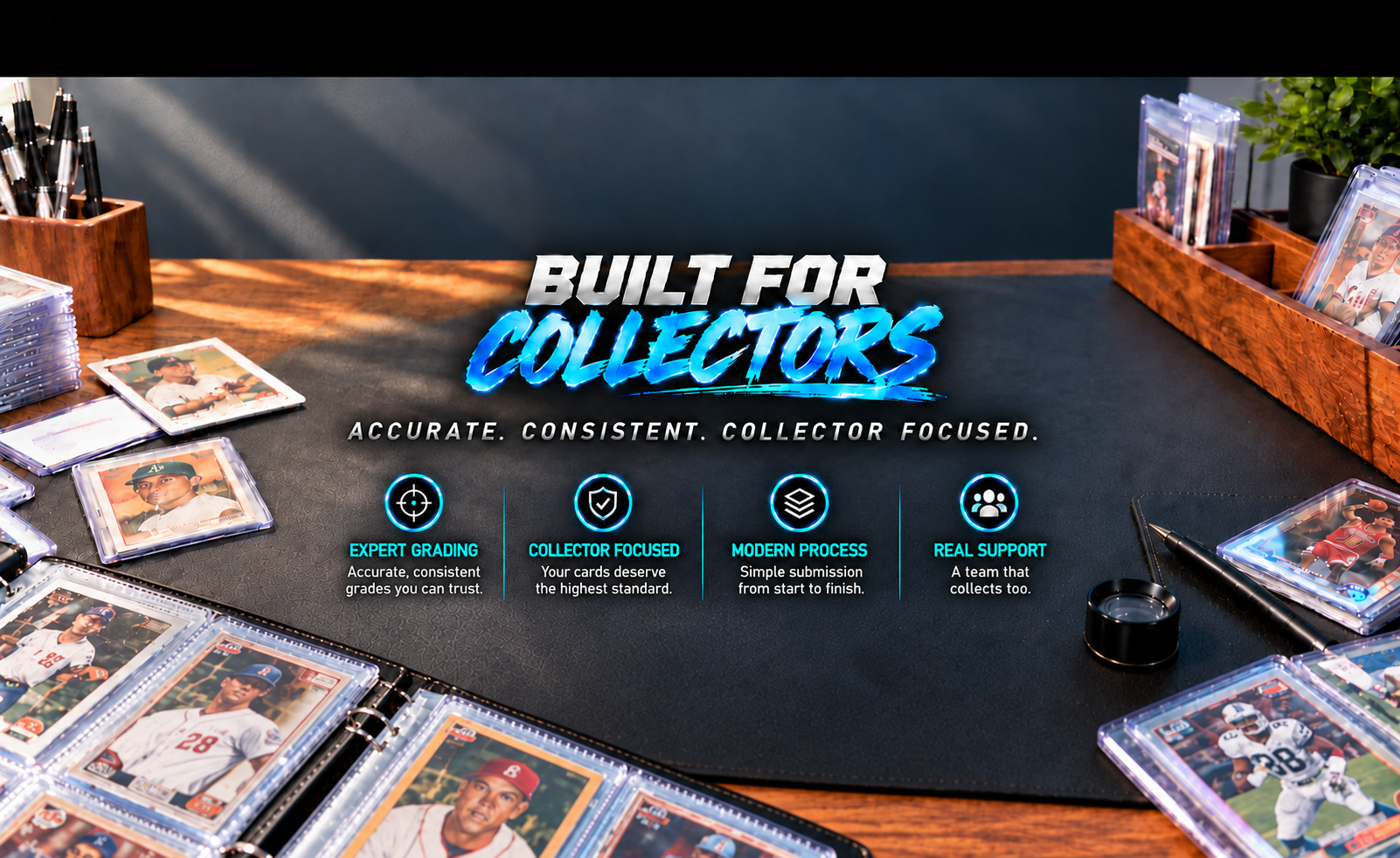 Action Sports Grading — Built for Collectors, with sports cards on a naturally lit collector's desk